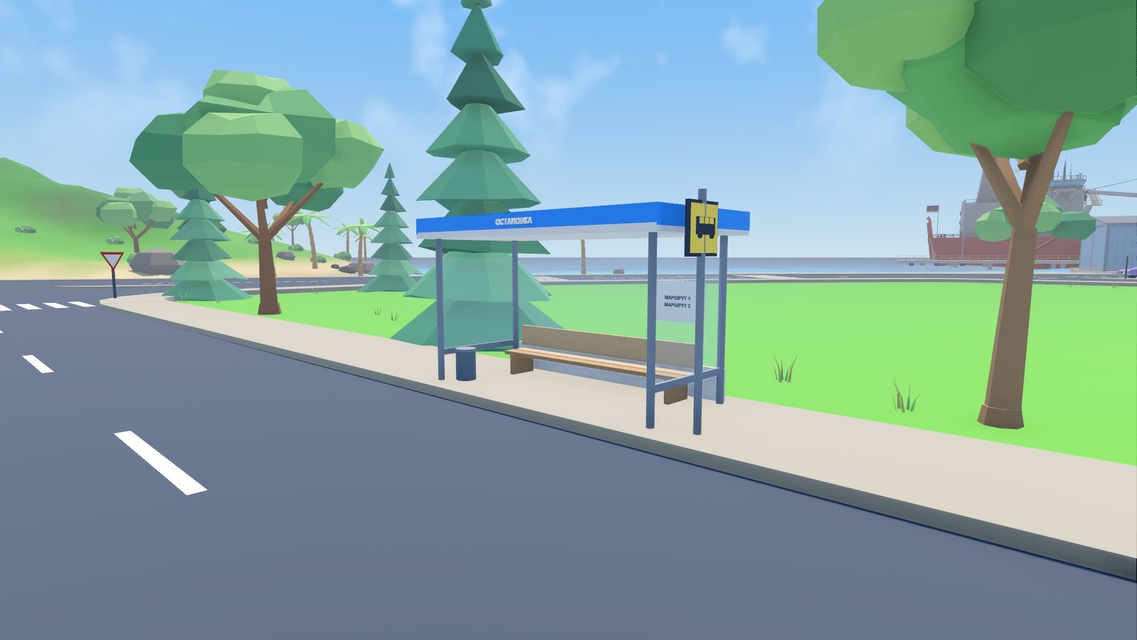Bus stop with a shelter by the road