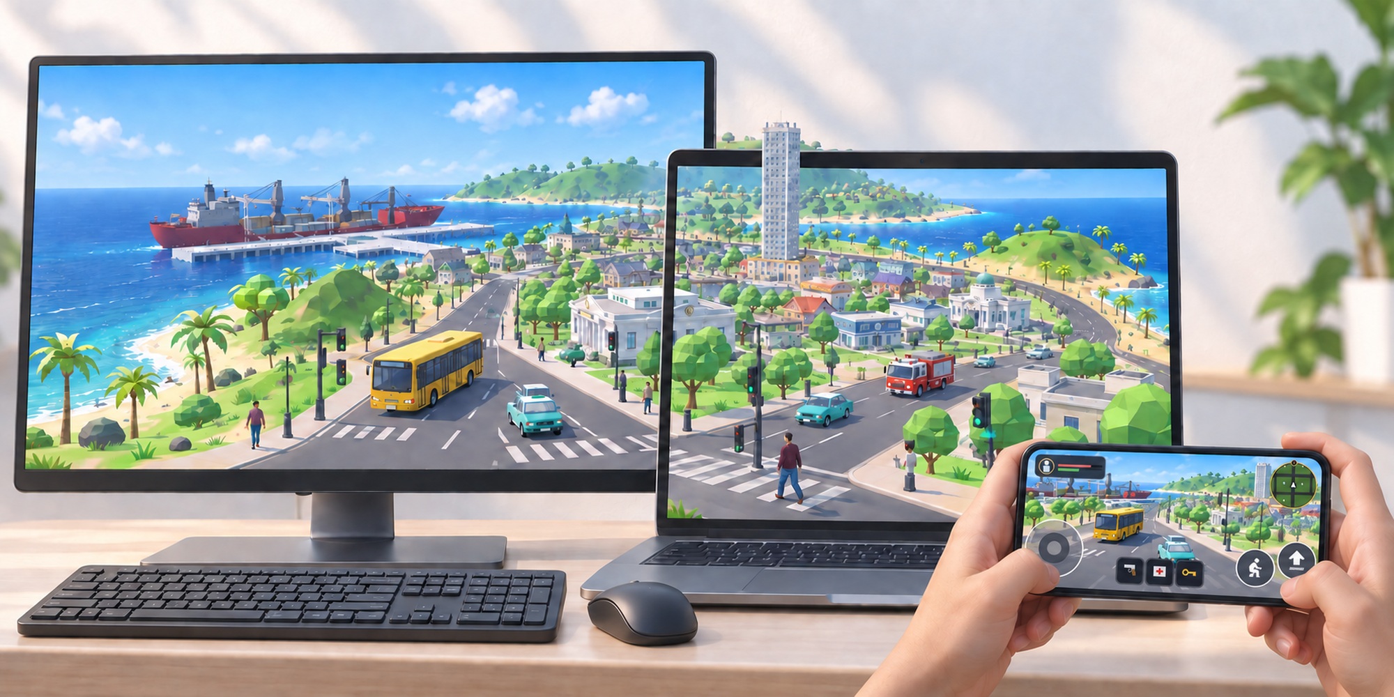 The same island on a monitor, a laptop and a phone: the scene carries on from screen to screen